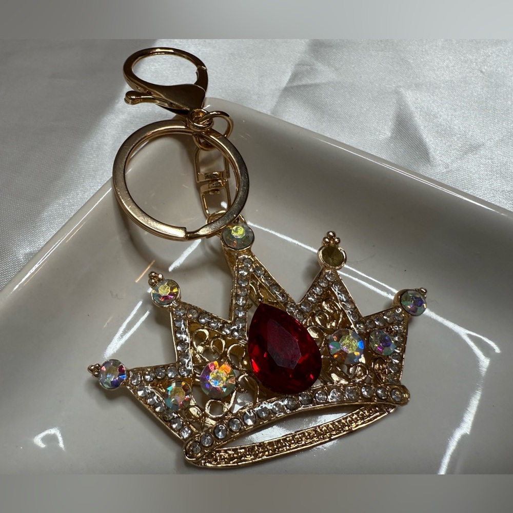 Gold Crown Keychain with Red crystal
